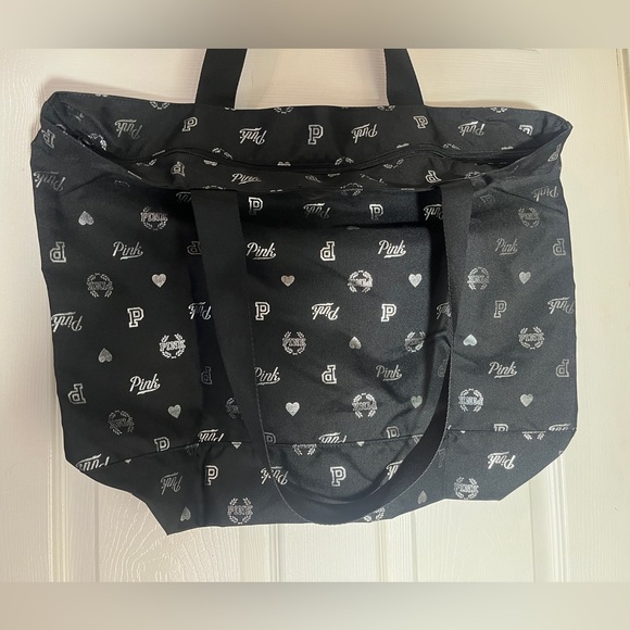 Victoria’s Secret PINK logo and heart tote in black and shimmery silver NEW - Picture 1 of 9